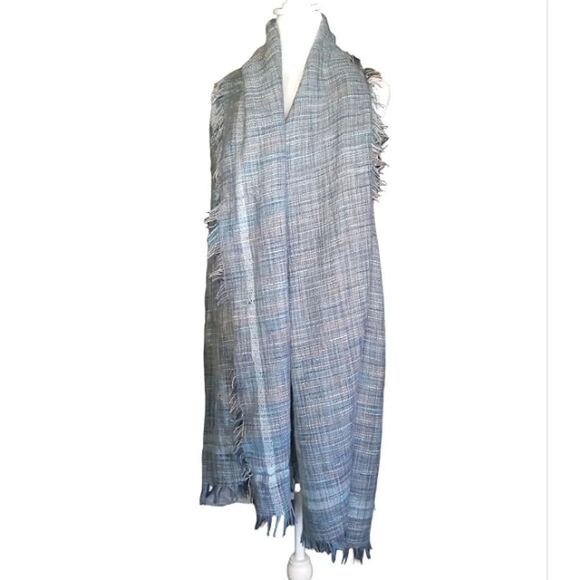 Steve Madden Teal Gray Colorful Fringe Trim Loose Knit Blanket Scarf - Picture 1 of 7